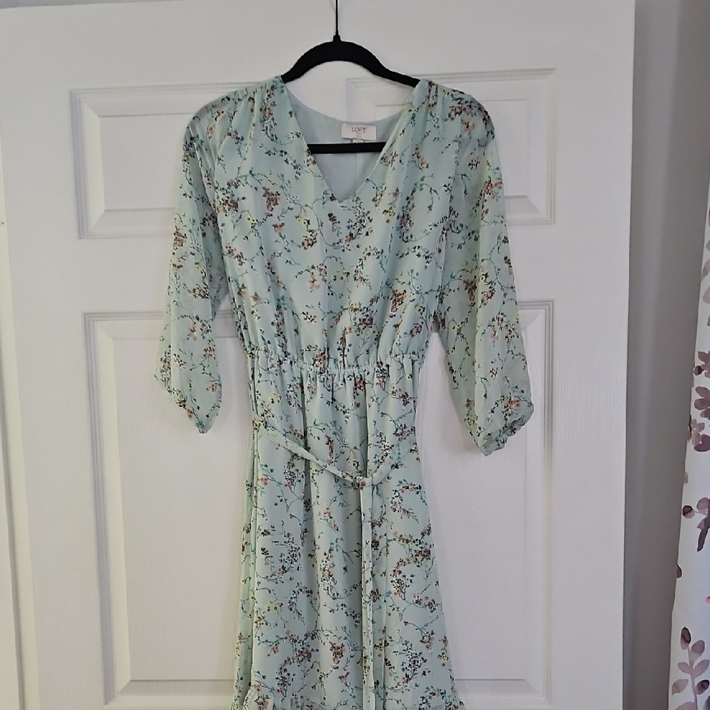 LOFT Light Grren Floral Midi Dress